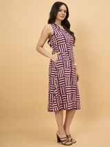 Purple Geometric Printed Sleeveless A-Line Midi Dress