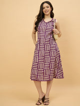 Purple Geometric Printed Sleeveless A-Line Midi Dress
