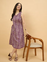 Purple Geometric Printed Sleeveless A-Line Midi Dress