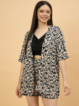 Black & Cream Printed Co-Ord Set with Shrug and Shorts