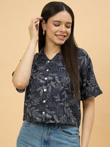 Blue Rayon Button-Down Top for Women Perfect for Brunch & Casual Outings