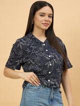 Blue Rayon Button-Down Top for Women Perfect for Brunch & Casual Outings