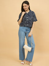 Blue Rayon Button-Down Top for Women Perfect for Brunch & Casual Outings