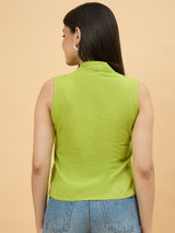Green Cotton Pearl Button Sleeveless Top for Women Perfect for Casual Wear