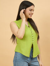 Green Cotton Pearl Button Sleeveless Top for Women Perfect for Casual Wear