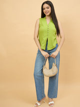 Green Cotton Pearl Button Sleeveless Top for Women Perfect for Casual Wear