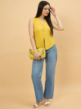 Yellow Cotton Pearl Button Sleeveless Top for Women Perfect for Office Wear