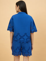 Blue Cotton Schiffli Embroidered Co-Ord Set for Women Perfect for Casual Wear