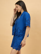 Blue Cotton Schiffli Embroidered Co-Ord Set for Women Perfect for Casual Wear