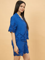 Blue Cotton Schiffli Embroidered Co-Ord Set for Women Perfect for Casual Wear