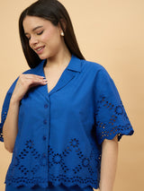 Blue Cotton Schiffli Embroidered Co-Ord Set for Women Perfect for Casual Wear