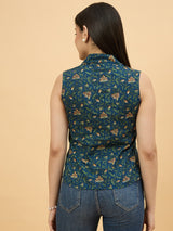 Women Blue Floral Print Sleeveless Waistcoat Style Top