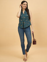 Women Blue Floral Print Sleeveless Waistcoat Style Top