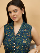 Women Blue Floral Print Sleeveless Waistcoat Style Top