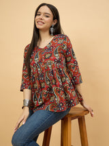 Women Red & Blue Paisley Print Empire Top