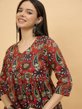 Women Red & Blue Paisley Print Empire Top