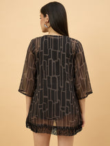 Brown Geometric Printed Sheer Shrug with Fringe Hem