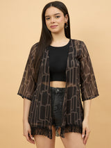Brown Geometric Printed Sheer Shrug with Fringe Hem