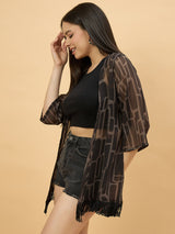 Brown Geometric Printed Sheer Shrug with Fringe Hem
