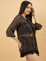 Brown Geometric Printed Sheer Shrug with Fringe Hem