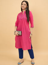 Pink Cotton Embroidered Straight Kurta for Women Perfect for Traditional Wear