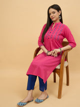 Pink Cotton Embroidered Straight Kurta for Women Perfect for Traditional Wear