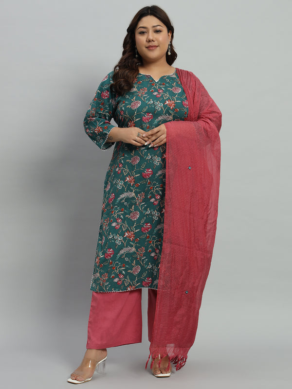 Floral Printed Kurta With Palazzo & Dupatta Set