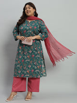 Floral Printed Kurta With Palazzo & Dupatta Set