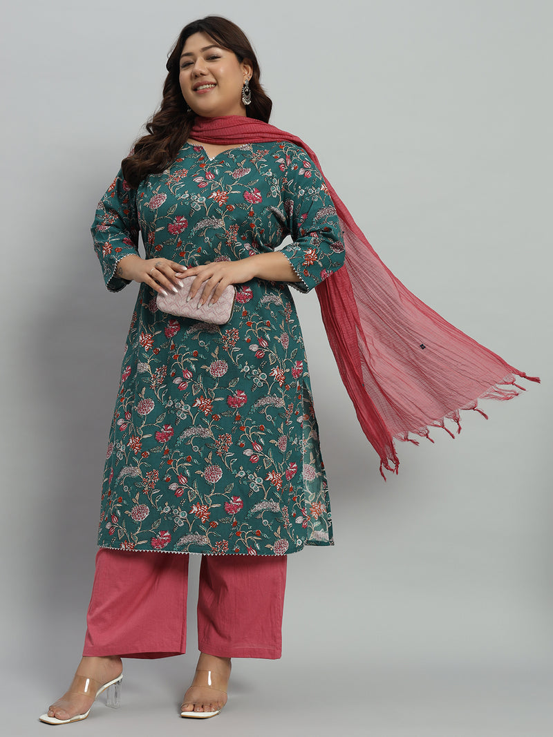 Floral Printed Kurta With Palazzo & Dupatta Set