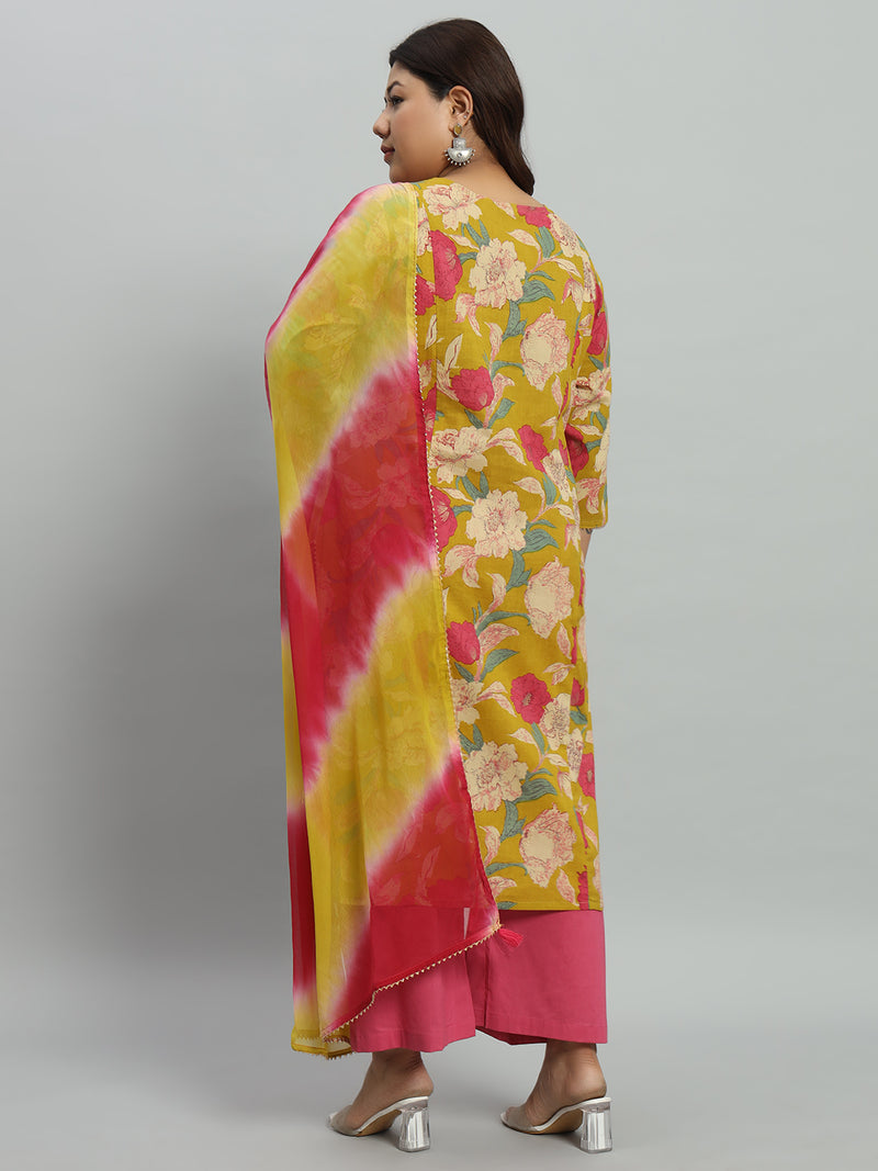 Floral Printed Kurta With Palazzo & Dupatta Set