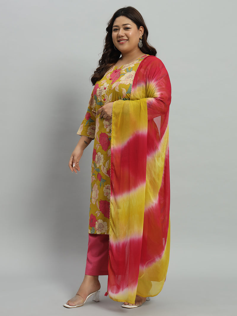 Floral Printed Kurta With Palazzo & Dupatta Set