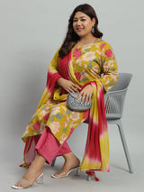 Floral Printed Kurta With Palazzo & Dupatta Set