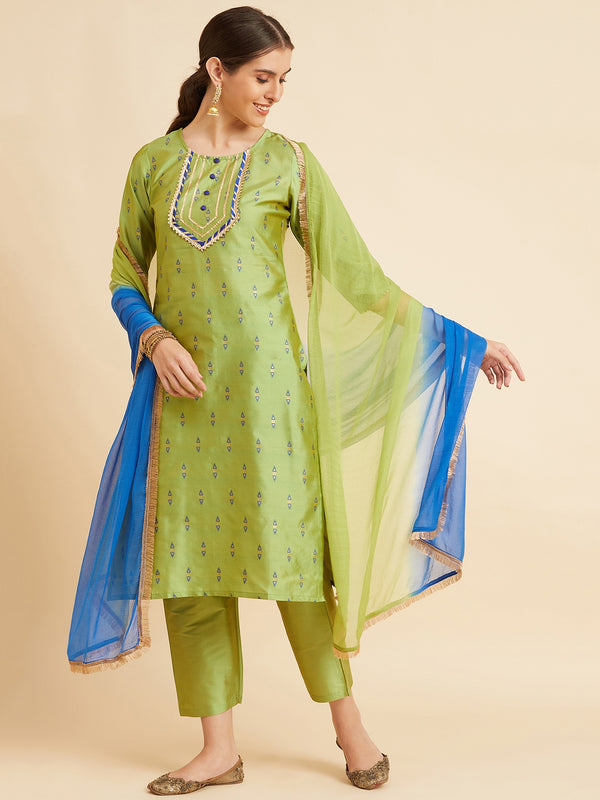 Green Tafeta Straight Calf Length Kurta With Palazzo & Dupatta Set