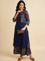 Blue Straight Kurta With Palazzo and Jacket