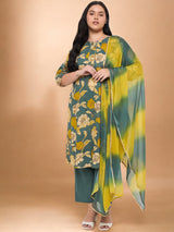 Plus Size Floral Printed Kurta With Palazzo & Dupatta Set