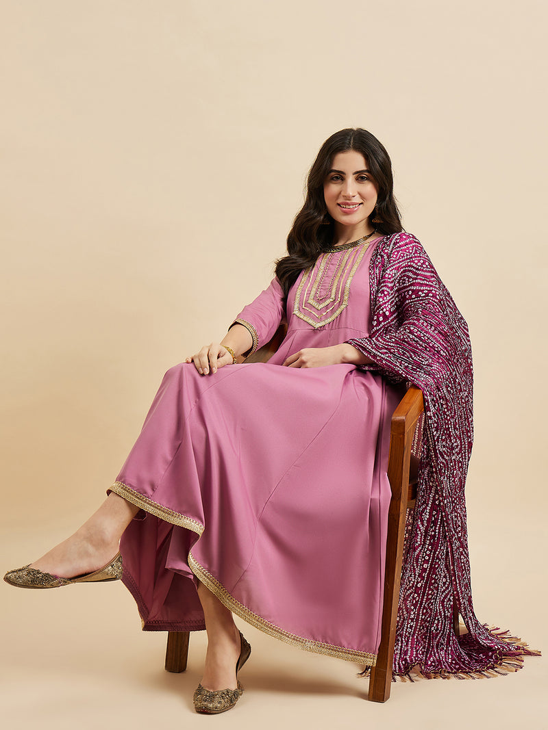 Solid Anarkali Kurta With Palazzo & Dupatta Set