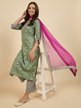 Floral Printed Kurta With Palazzo & Dupatta Set