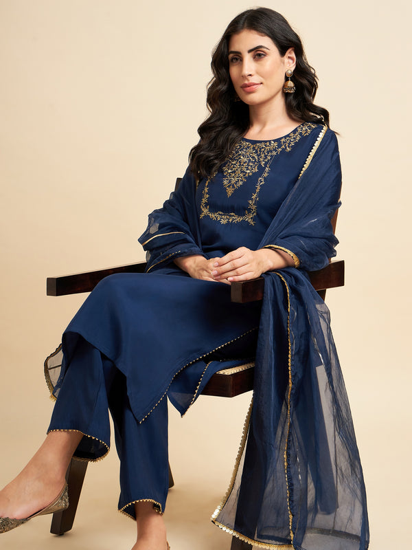 Blue Rayon Silk Straight Calf Length Kurta With Palazzo Dupatta Set