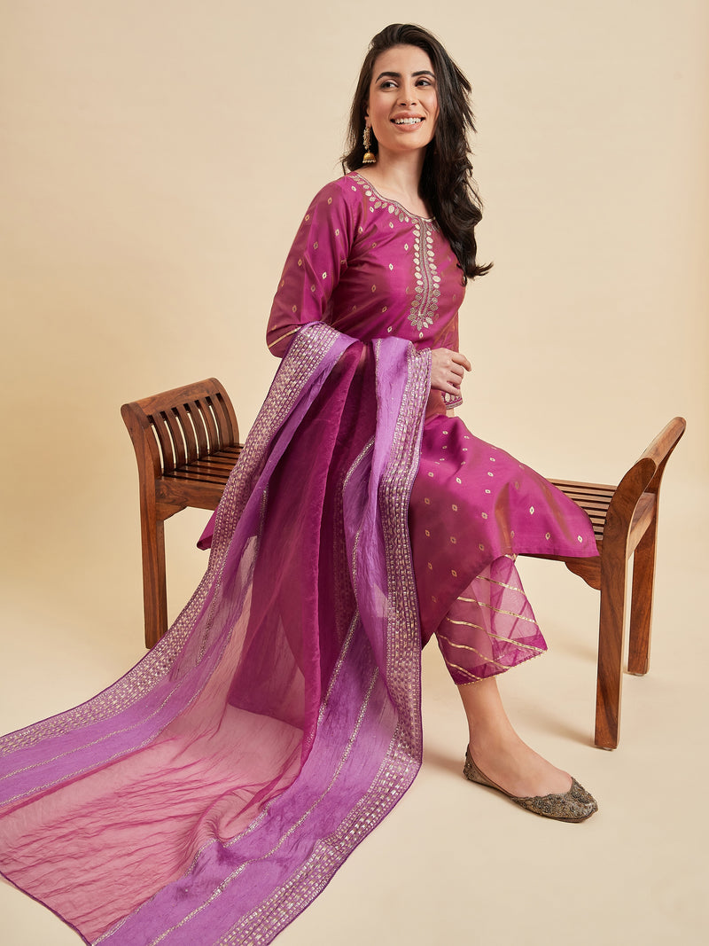 Straight Magenta Kurta With Palazzo & Dupatta set