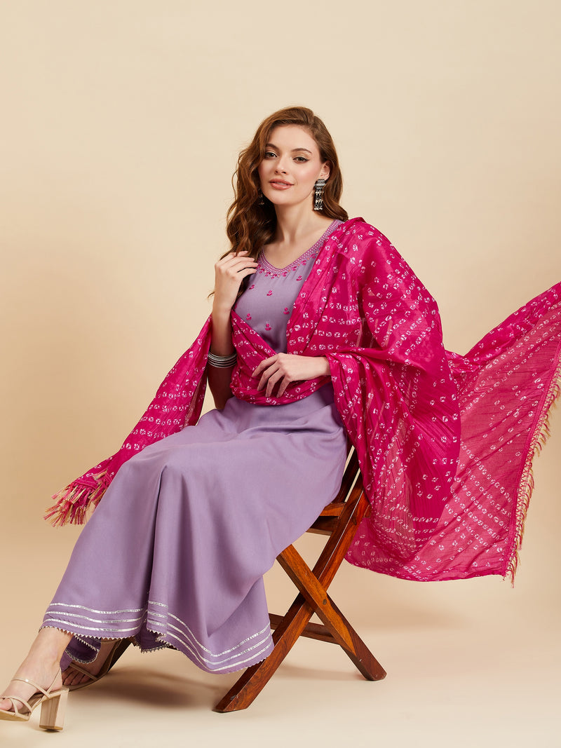 Purple Kurta  With Palazzo & Dupatta Set