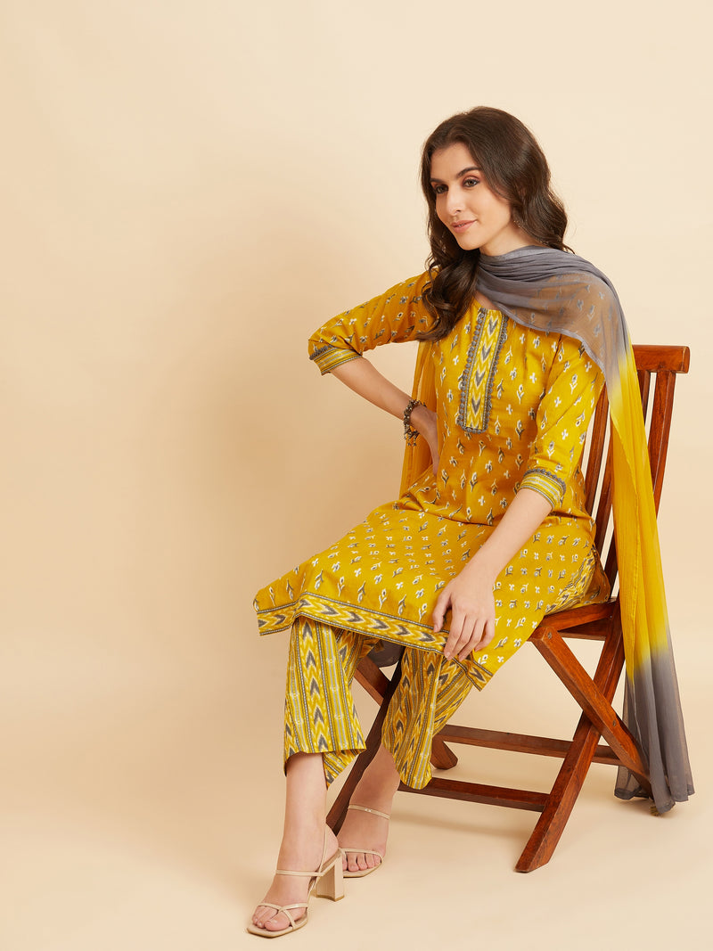 Yellow Cotton Straight Calf Length Kurta With Palazzo & Dupatta Set