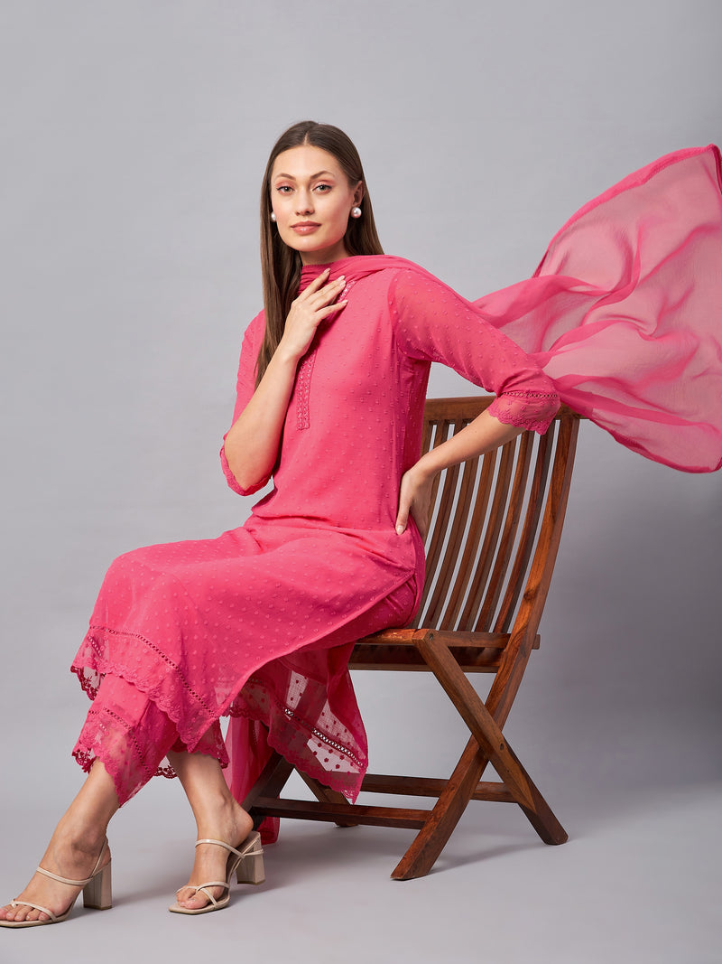 Pink Georgette Kurta With Palazzo & Dupatta Set