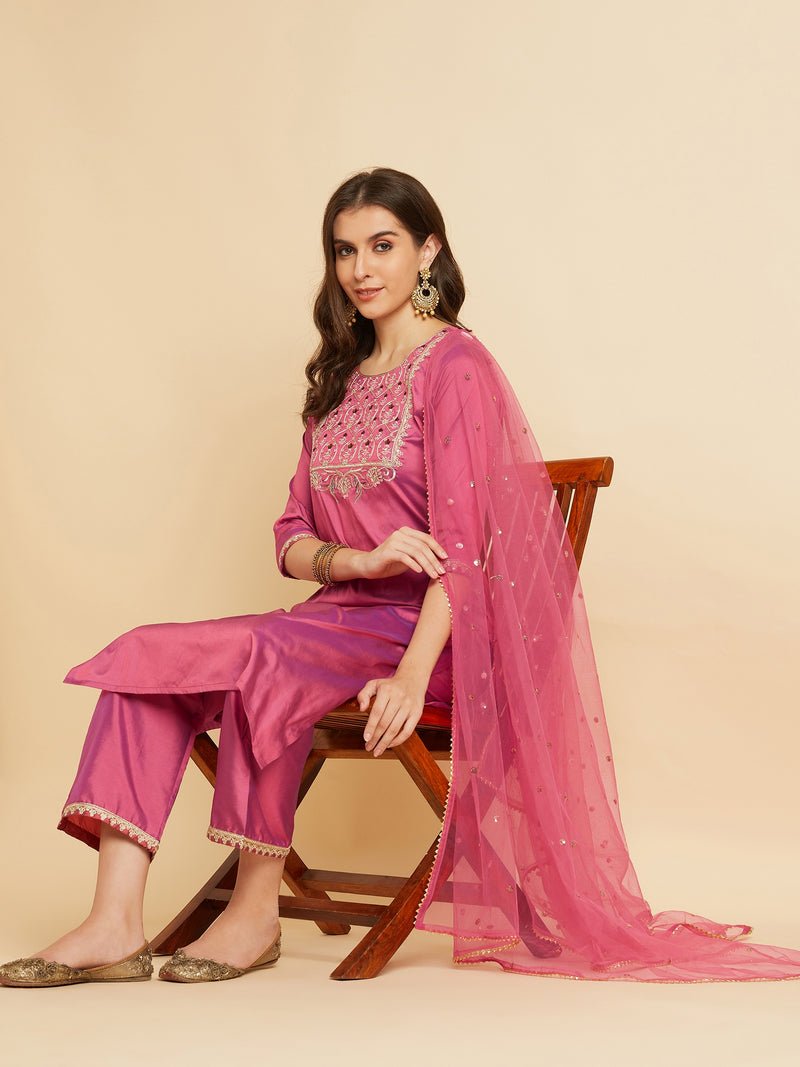 Pink embroidered Calf Length Kurta With Palazzo & Dupatta Set