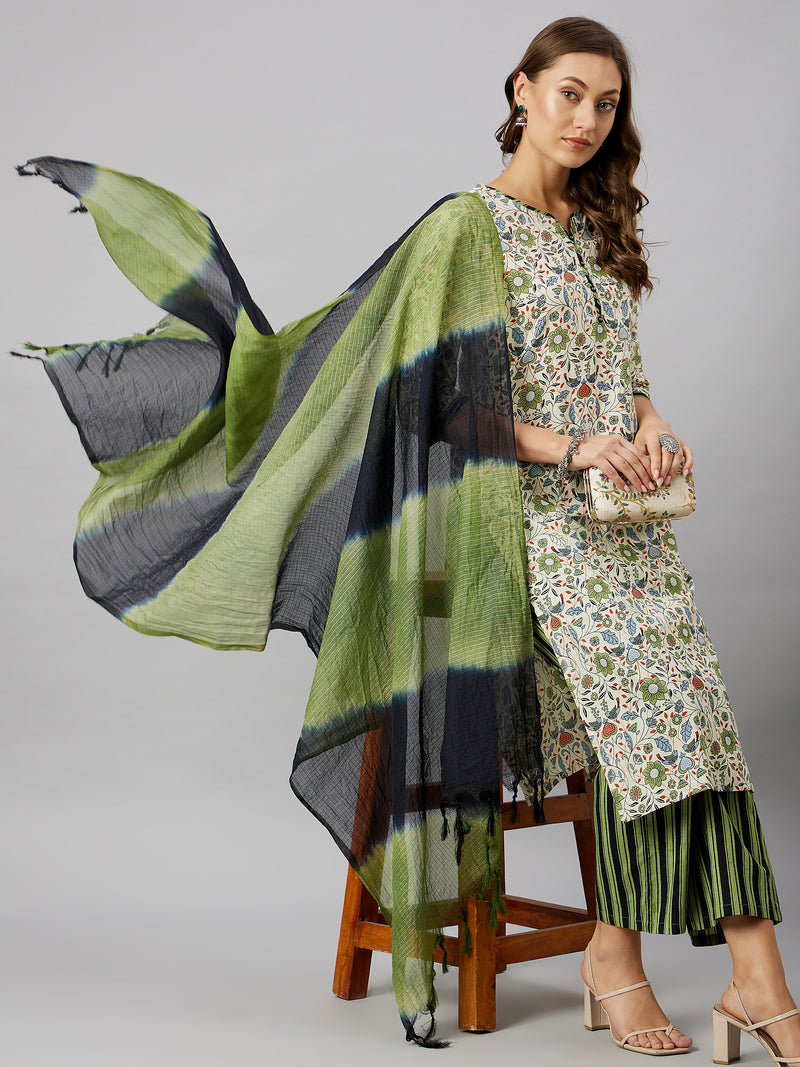 Floral Printed Kurta With Palazzo & Dupatta Set