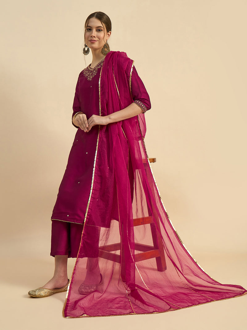 Solid Embroidered Straight Kurta With Palazzo & Dupatta Set