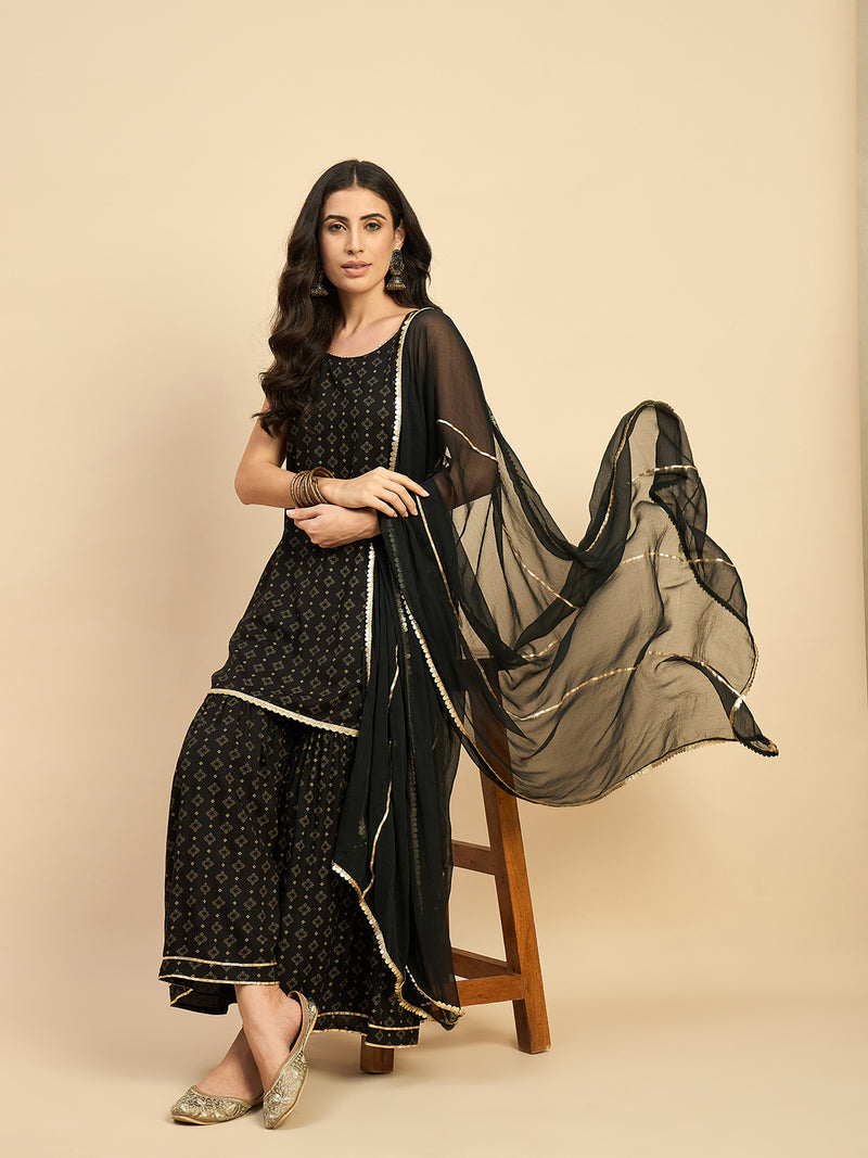 Motif Printed Kurta With Dupatta & Sharara Set