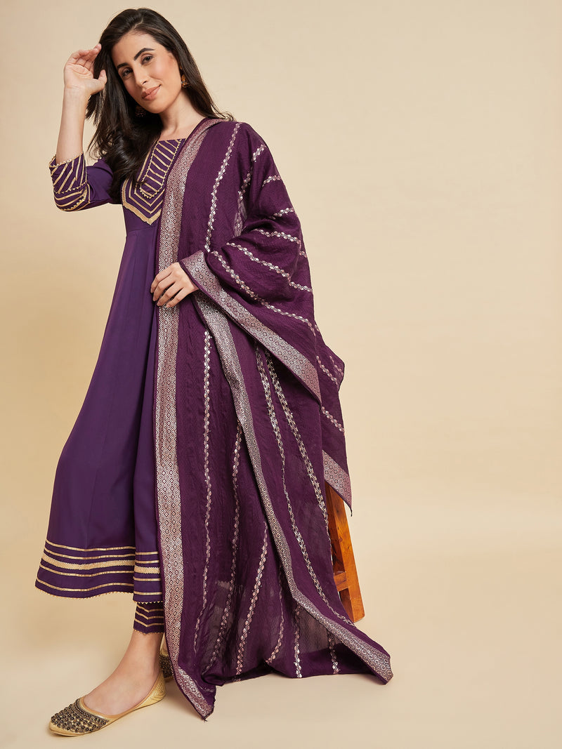 Purple Panelled Kurta With Palazzo And Dupatta Set