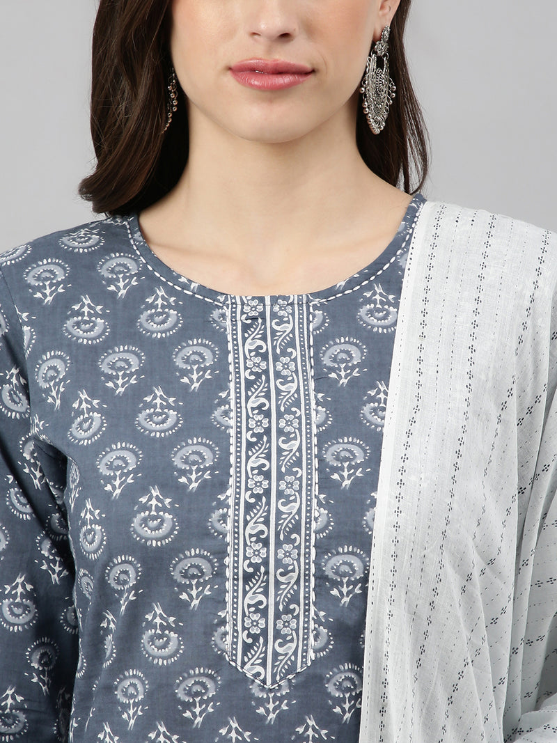 Floral Printed Kurta With Palazzo & Dupatta Set