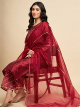 Maroon Raw Silk Straight Calf Length Kurta With Palazzo Dupatta Set