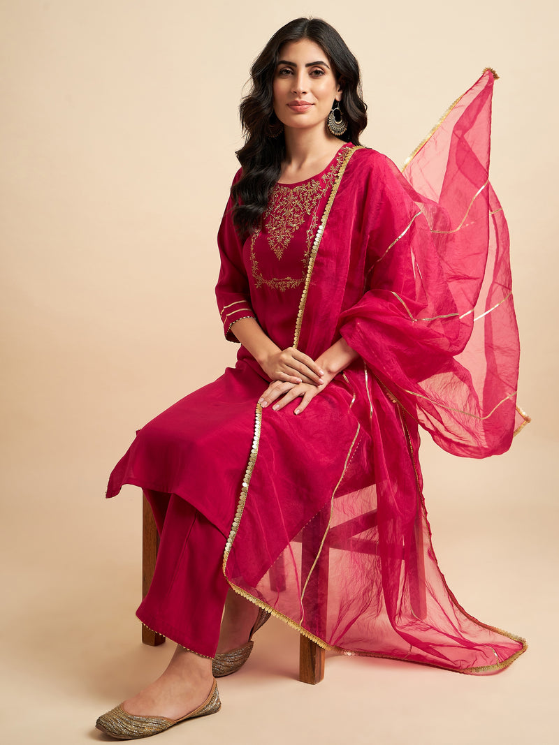 Fuchsia Rayon Silk Straight Calf Length Kurta With Palazzo Dupatta Set